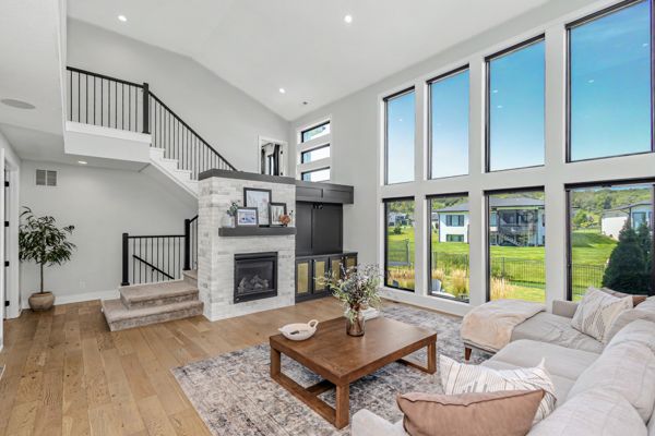 Great room with double-height windows